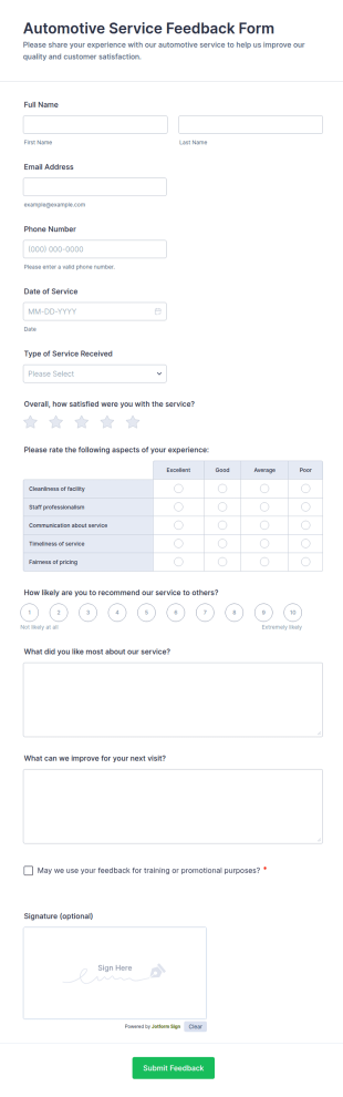 Automotive Service Feedback Form Template