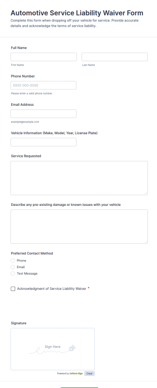 Automotive Service Liability Waiver Form Template