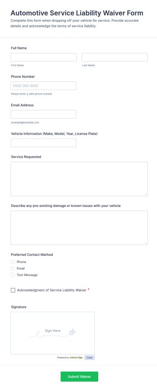 Automotive Service Liability Waiver Form Template