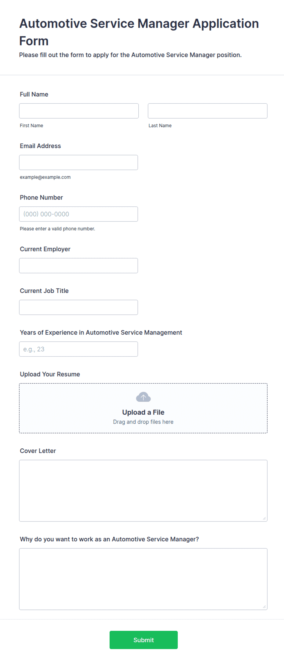 Automotive Service Manager Application Form Template | Jotform
