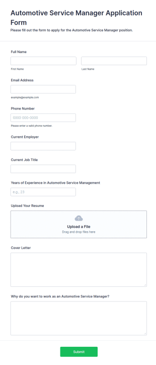 Automotive Service Manager Application Form Template