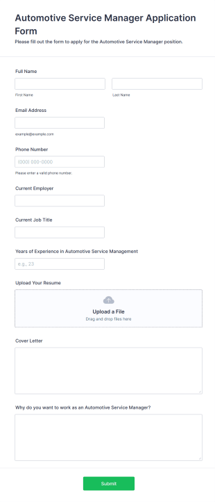 Automotive Service Manager Application Form Template