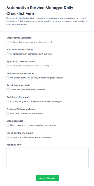 Automotive Service Manager Daily Checklist Form Template