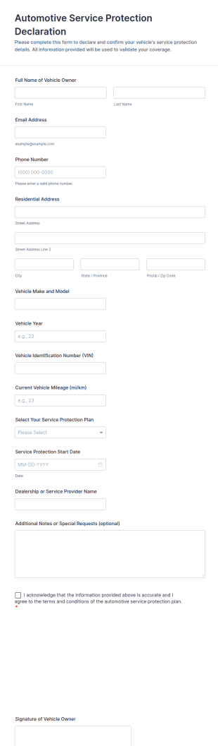 Automotive Service Protection Declaration Form Template