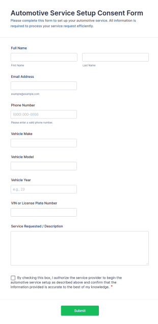 Automotive Service Setup Consent Form Template