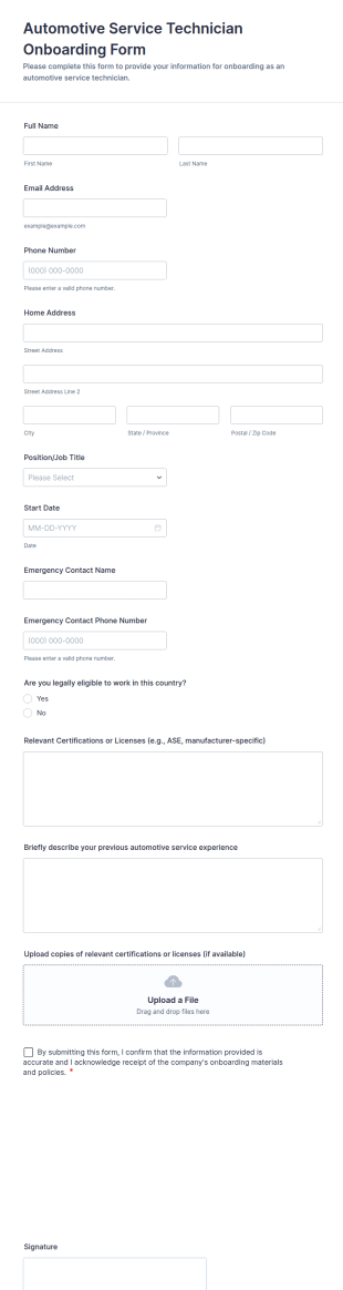 Automotive Service Technician Onboarding Form Template
