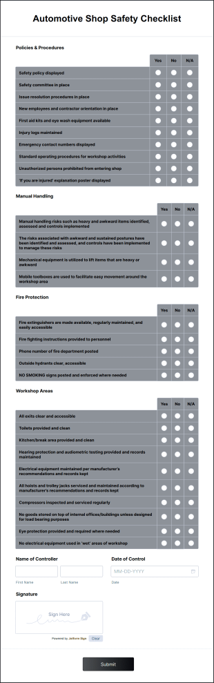 Automotive Shop Safety Checklist Form Template