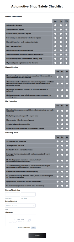 Automotive Shop Safety Checklist Form Template