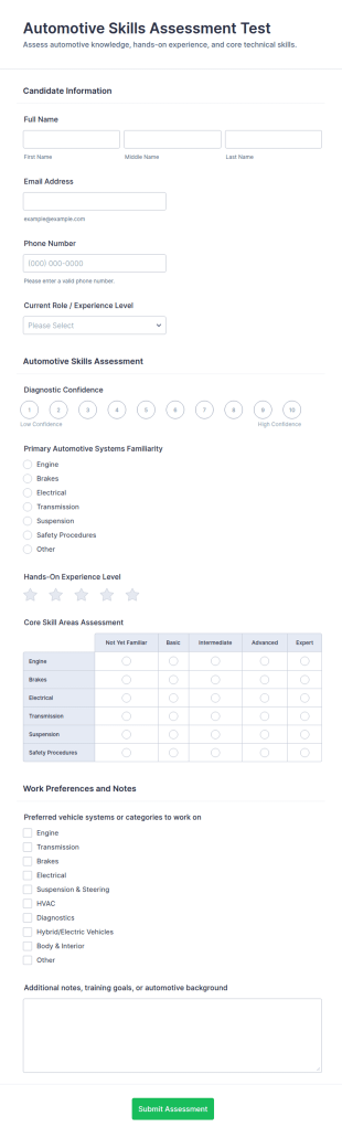 Automotive Skills Assessment Test Form Template