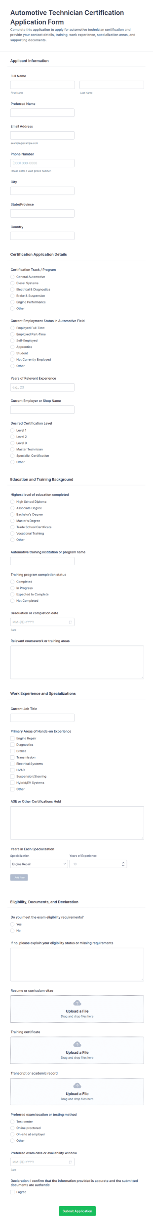 Automotive Technician Certification Application Form Template