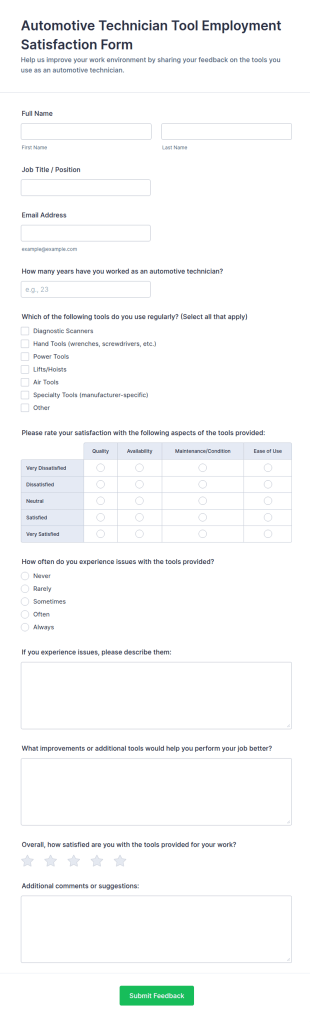 Automotive Technician Tool Employment Satisfaction Form Template