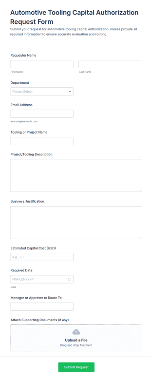 Automotive Tooling Capital Authorization Request Form Template