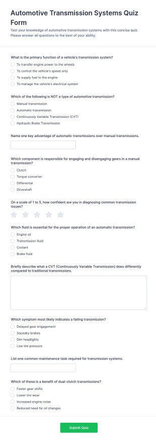 Automotive Transmission Systems Quiz Form Template