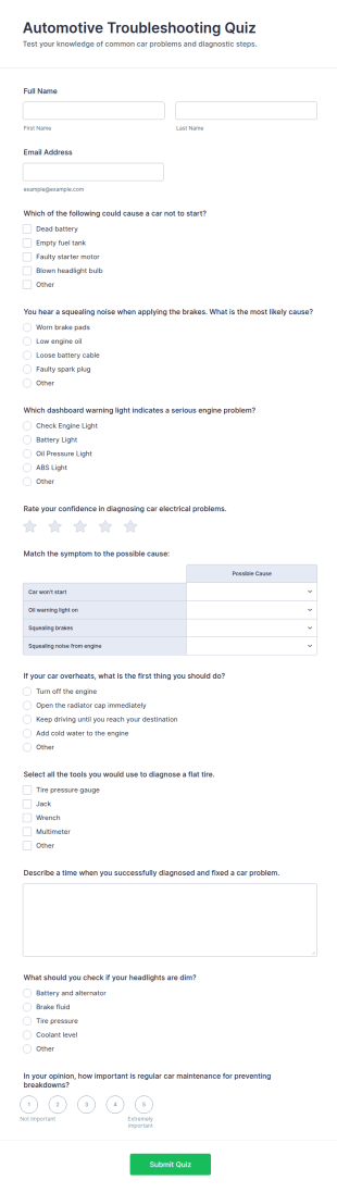 Automotive Troubleshooting Quiz Form Template