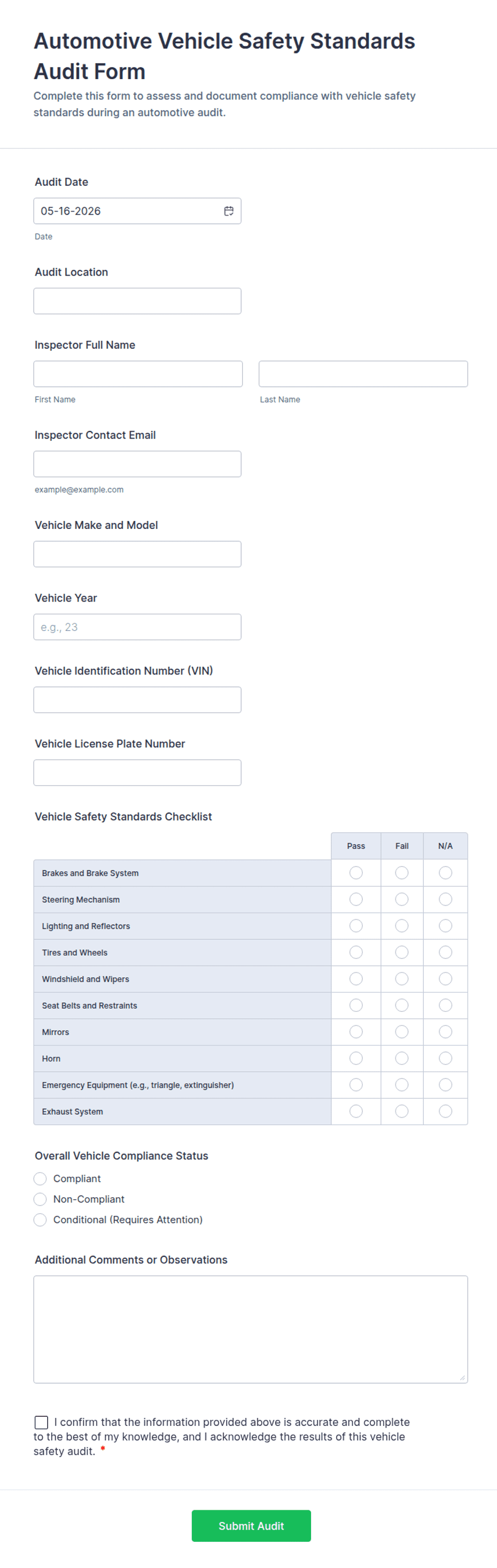 Automotive Vehicle Safety Standards Audit Form Template | Jotform