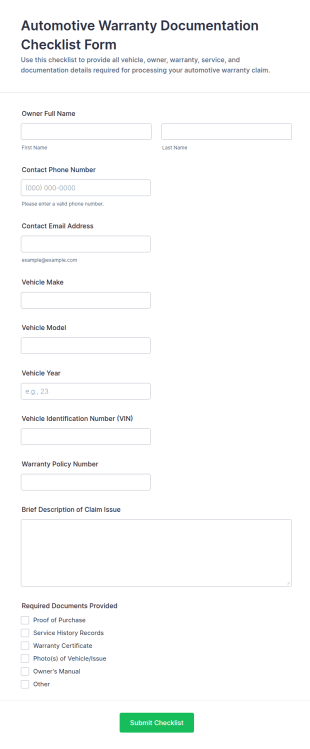 Automotive Warranty Documentation Checklist Form Template