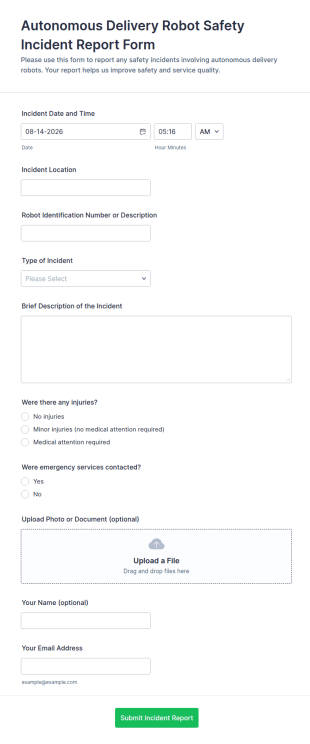 Autonomous Delivery Robot Safety Incident Report Form Template