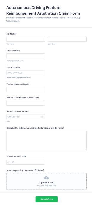 Autonomous Driving Feature Reimbursement Arbitration Claim Form Template