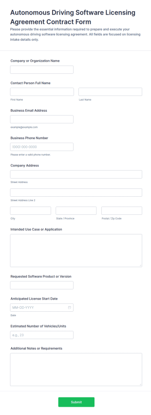 Autonomous Driving Software Licensing Agreement Form Template