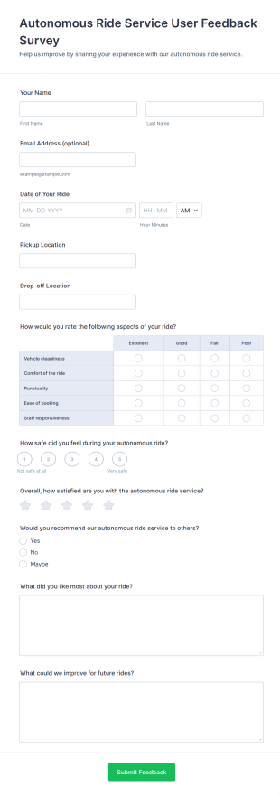 Autonomous Ride Service User Feedback Survey Form Template
