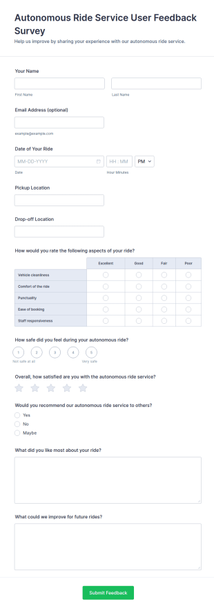 Autonomous Ride Service User Feedback Survey Form Template