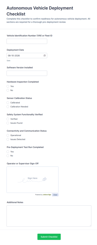 Autonomous Vehicle Deployment Checklist Form Template