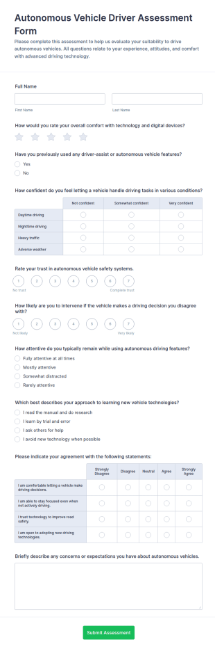 Autonomous Vehicle Driver Assessment Form Template