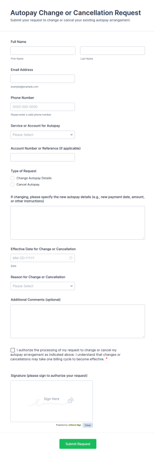 Autopay Change Or Cancellation Request Form Template