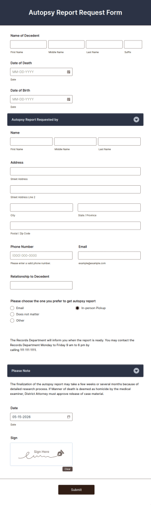Autopsy Report Request Form Template