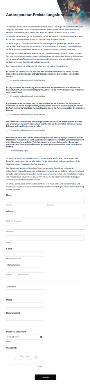 Autoreparatur Freistellungsformular