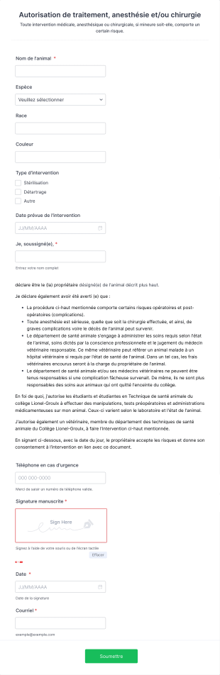 Autorisation De Traitement, Anesthésie Et/ou Chirurgie.