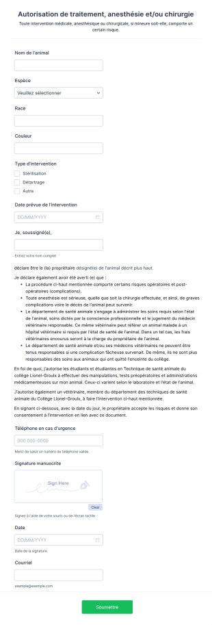 Autorisation De Traitement, Anesthésie Et/ou Chirurgie.