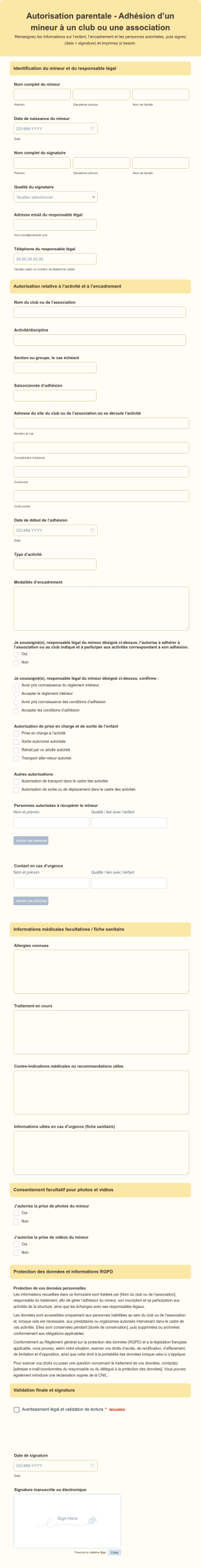Autorisation Parentale Adhésion D’un Mineur à Un Club Ou Une Association