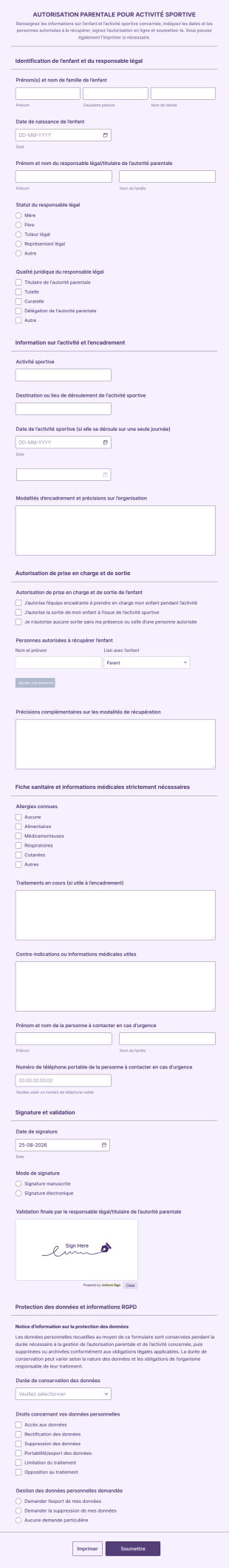 Autorisation Parentale Pour Activité Sportive