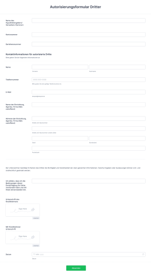Autorisierungsformular Dritter Form Template