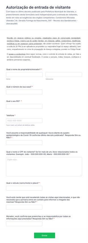 Autorização De Entrada De Visitante Form Template