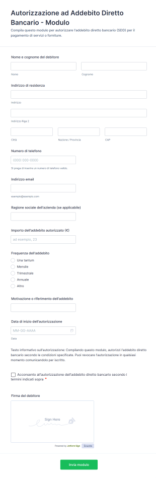 Autorizzazione Ad Addebito Diretto Bancario Modulo