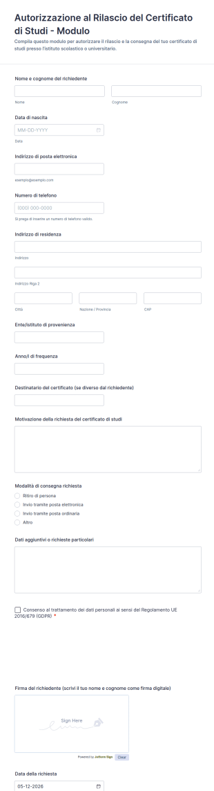 Autorizzazione Al Rilascio Del Certificato Di Studi Modulo