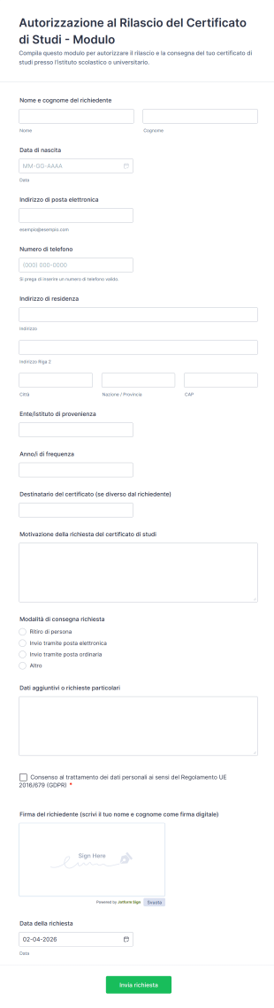 Autorizzazione Al Rilascio Del Certificato Di Studi Modulo