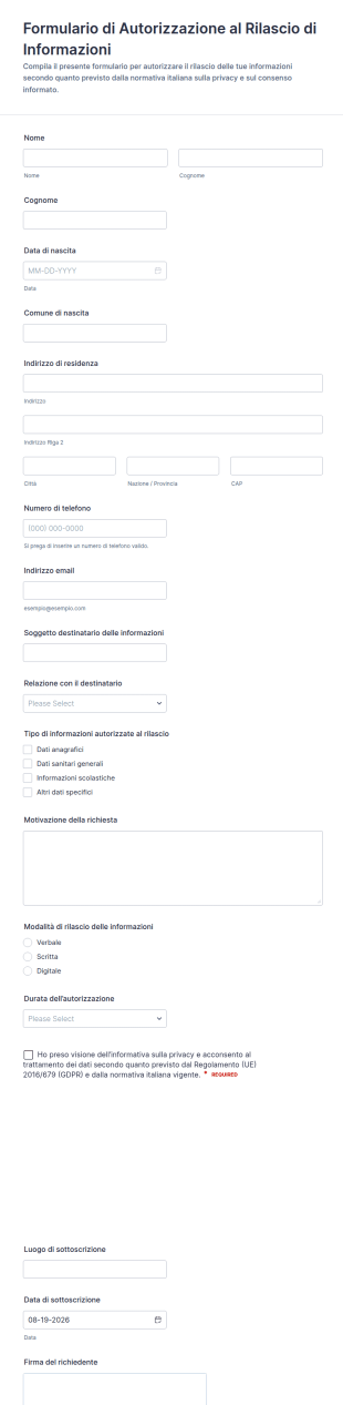 Autorizzazione Alla Condivisione Delle Informazioni Form