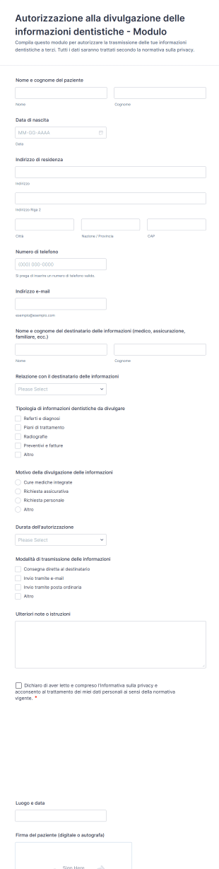 Autorizzazione Alla Divulgazione Delle Informazioni Dentistiche Modulo