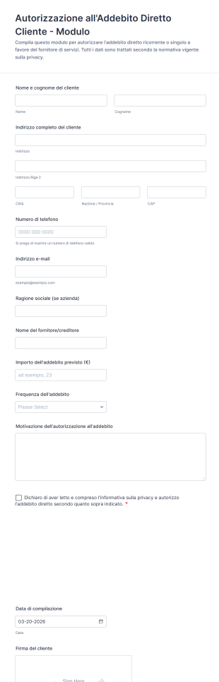 Autorizzazione All'Addebito Diretto Cliente Modulo
