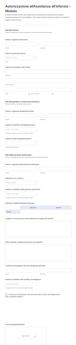 Modulo Di Autorizzazione All’assistenza All’infanzia | Jotform