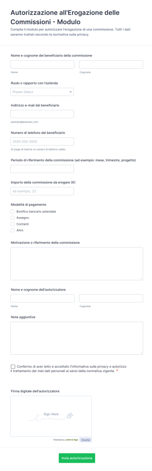 Autorizzazione All'Erogazione Delle Commissioni Modulo