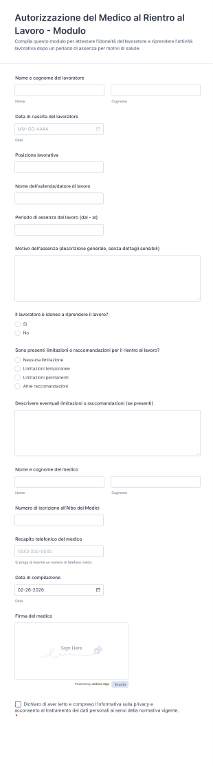 Autorizzazione Del Medico Al Rientro Al Lavoro Modulo