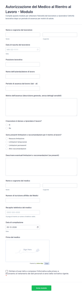 Autorizzazione Del Medico Al Rientro Al Lavoro Modulo