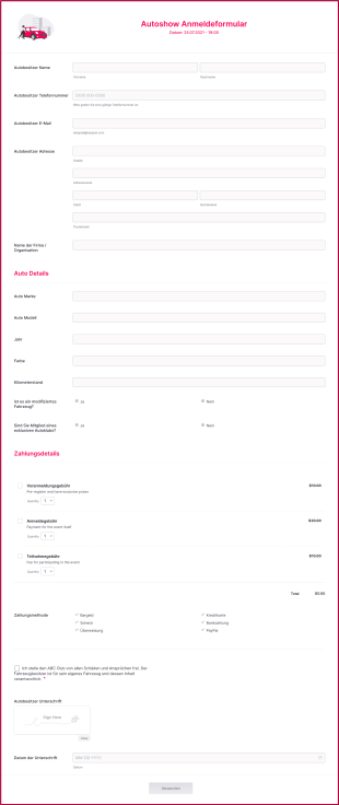 Autoshow Anmeldeformular Form Template