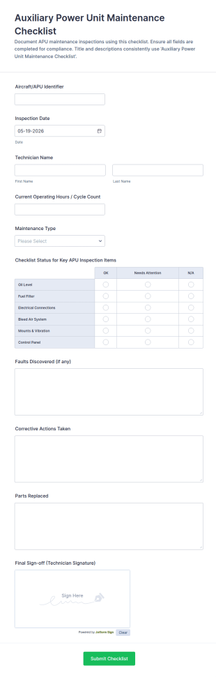 Auxiliary Power Unit Maintenance Checklist Form Template