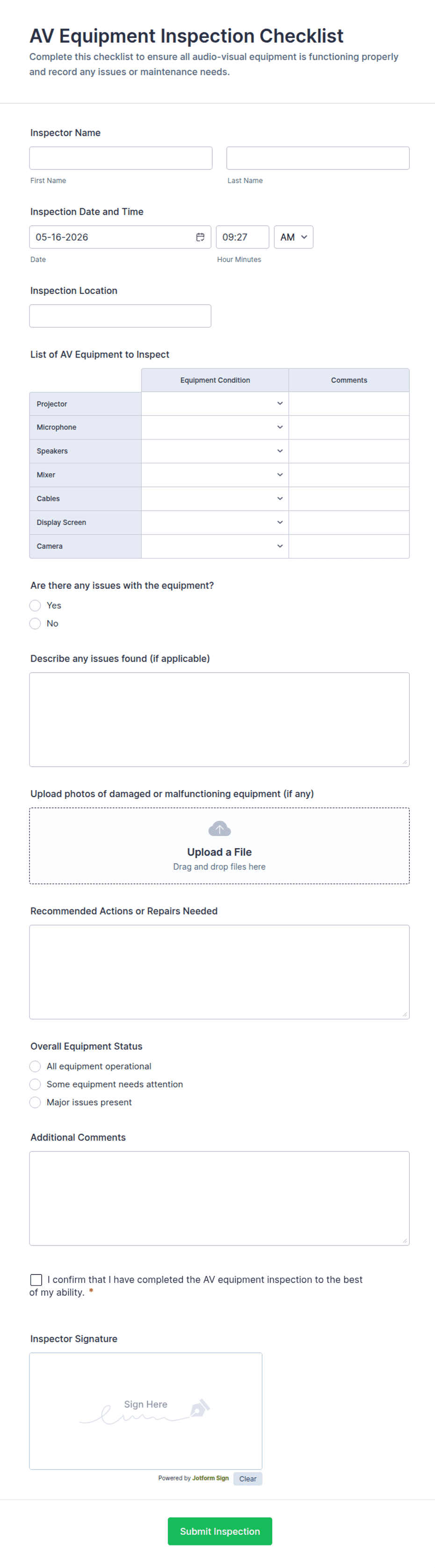 AV Equipment Inspection Checklist Form Template | Jotform