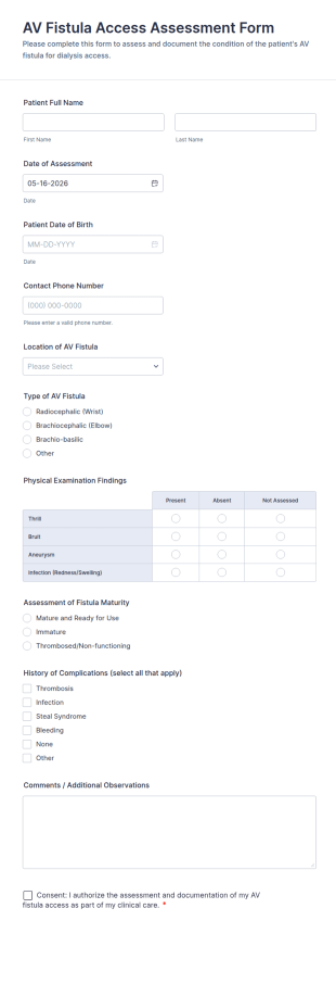 AV Fistula Access Assessment Form Template